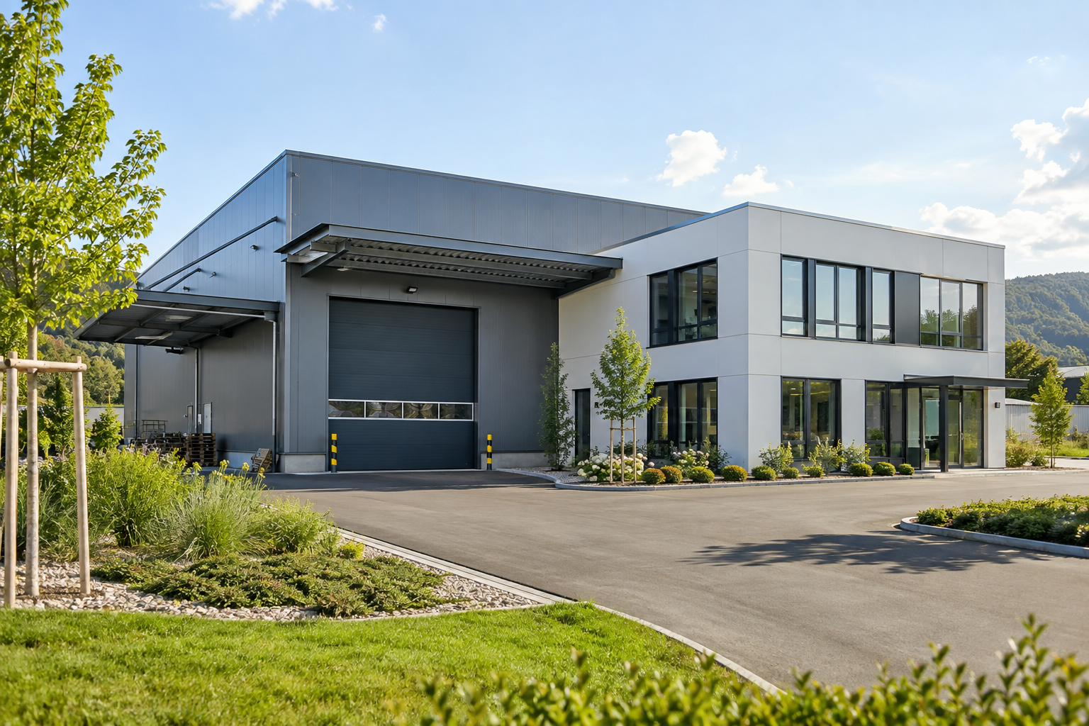 Gewerbehalle mit Bürotrakt und Zufahrt