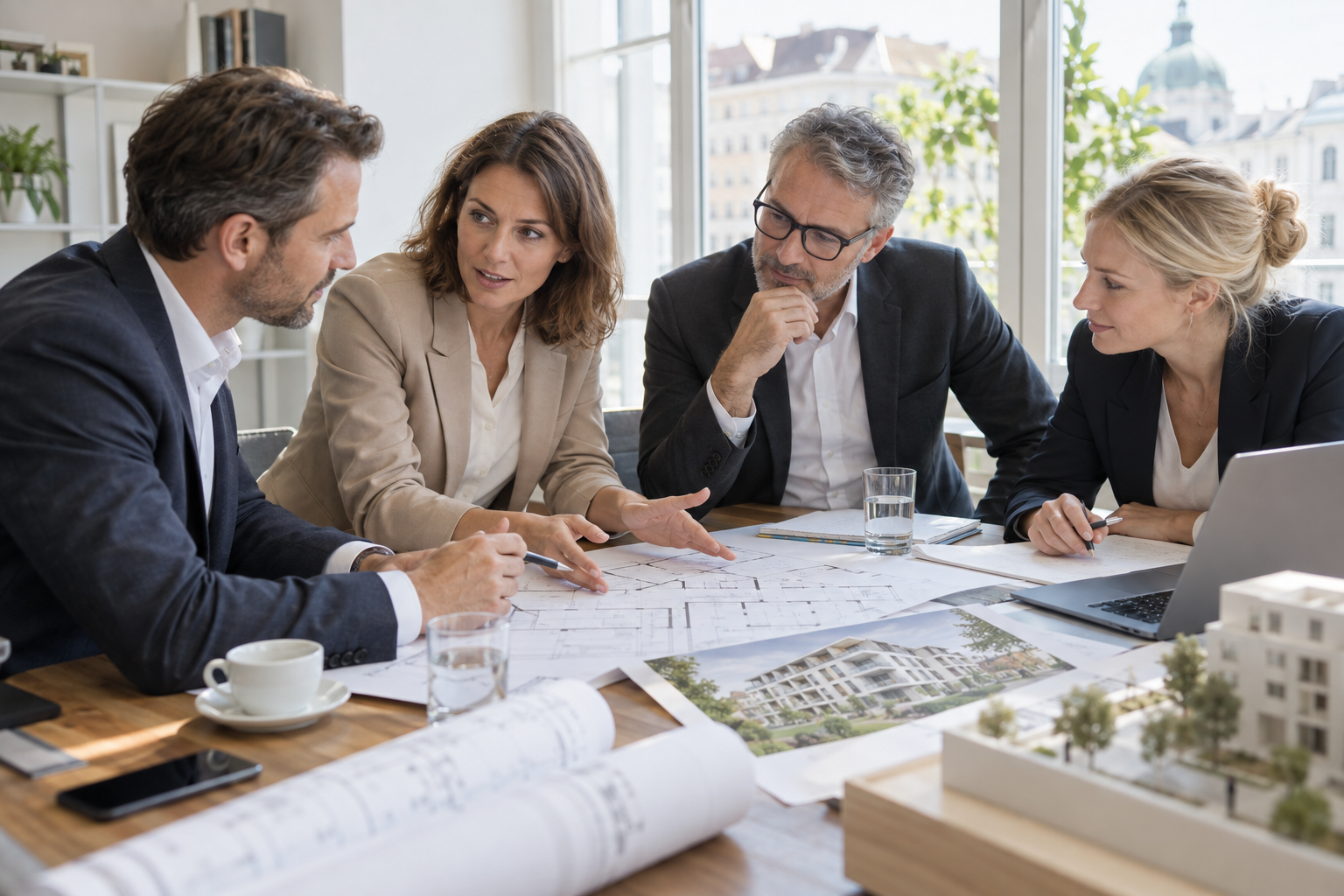 Vier Personen besprechen ein Immobilienprojekt